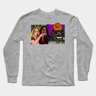 Halloween Horror Woman Yelling at Cat Memes with Pumpkin Head Bernie Sanders Long Sleeve T-Shirt